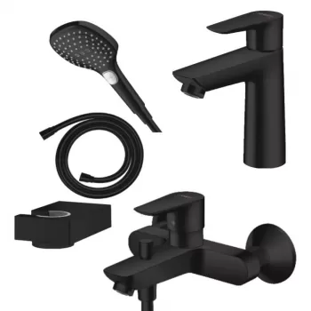 Set baterie lavoar, baterie cada si set de dus, negru mat, Hansgrohe Talis E imagine