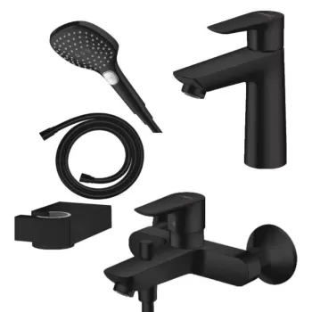 Set baterie lavoar, baterie cada si set de dus, negru mat, Hansgrohe Talis E imagine