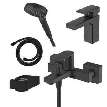 Set baterie lavoar, baterie cada si set de dus, negru mat, Hansgrohe Vernis Shape imagine