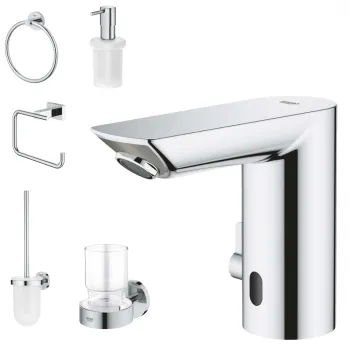 Set baterie lavoar cu senzor Grohe Bau Cosmopolitan si accesorii Grohe Essentials, crom imagine