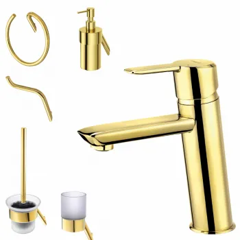 Set baterie lavoar Deante Arnika si accesorii baie Deante Silia, auriu lucios imagine