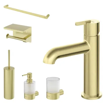Set baterie lavoar Deante Silia si accesorii baie Deante Round, auriu periat imagine