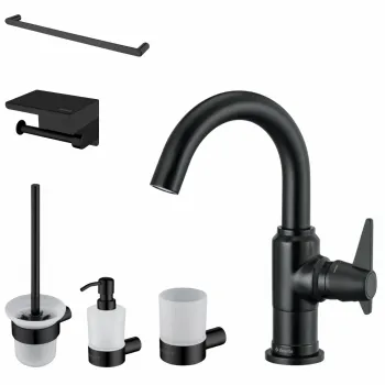 Set baterie lavoar Deante Temisto si accesorii baie Deante Round, negru mat imagine