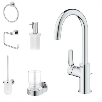 Set baterie lavoar Grohe Eurosmart New si accesorii baie Grohe Essentials, crom imagine