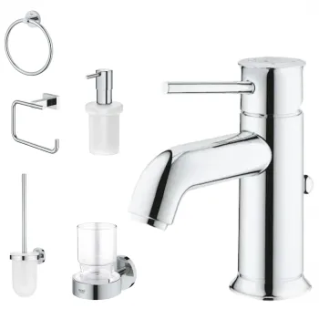 Set baterie lavoar Grohe Start Classic si accesorii baie Grohe Essentials, crom imagine