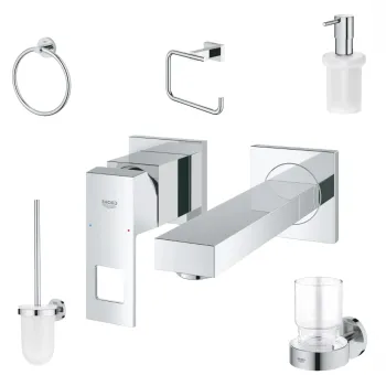 Set baterie lavoar incastrata Grohe Eurocube si accesorii baie Grohe Essentials, crom imagine