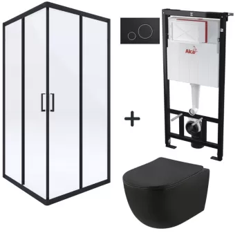 Set cabina dus cu usa culisanta, vas wc rimless cu capac soft close si rezervor wc incastrat cu clapeta Foglia imagine