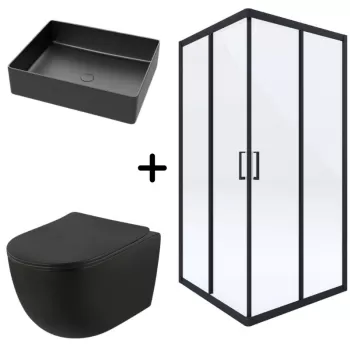 Set cabina dus neagra cu usa culisanta 90x90 cm, vas wc rimless suspendat si lavoar baie pe blat Foglia imagine