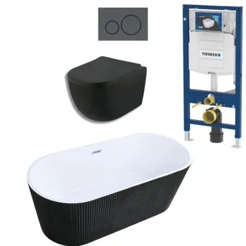 Set cada freestanding ovala 3D, vas wc rimless cu capac soft close, rezervor incastrat si clapeta neagra imagine