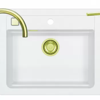 Set chiuveta bucatarie compozit Atrox 30 alba, baterie auriu lucios, sifon si dozator Alveus imagine