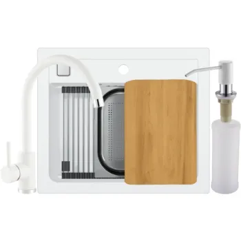 Set chiuveta bucatarie compozit Atrox 30 alba, baterie bucatarie Kati alba si accesorii imagine