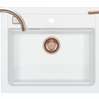 Set chiuveta bucatarie compozit Atrox 30 alba, baterie cupru lucios, sifon si dozator Alveus imagine