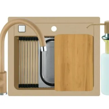 Set chiuveta bucatarie compozit Atrox 30 bej, baterie bucatarie Kati bej si accesorii imagine