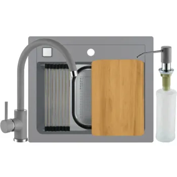 Set chiuveta bucatarie compozit Atrox 30 gri, baterie bucatarie Kati gri si accesorii imagine