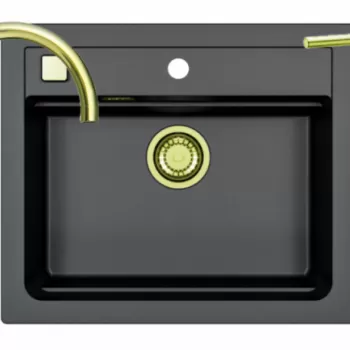 Set chiuveta bucatarie compozit Atrox 30 neagra, baterie auriu lucios, sifon si dozator Alveus imagine