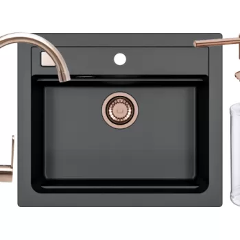 Set chiuveta bucatarie compozit Atrox 30 neagra, baterie cupru lucios, sifon si dozator Alveus imagine