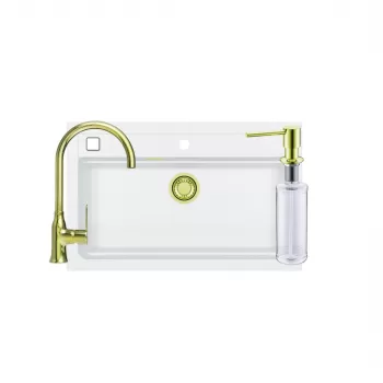 Set chiuveta bucatarie compozit Atrox 40 alba, baterie auriu lucios, sifon si dozator Alveus imagine