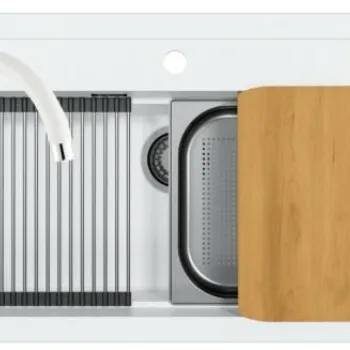 Set chiuveta bucatarie compozit Atrox 40 alba, baterie bucatarie Kati alba si accesorii imagine