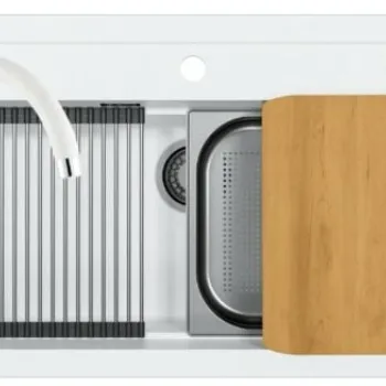 Set chiuveta bucatarie compozit Atrox 40 alba, baterie bucatarie Kati alba si accesorii imagine