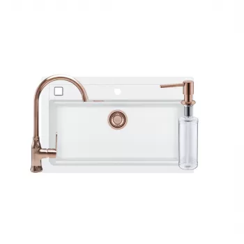 Set chiuveta bucatarie compozit Atrox 40 alba, baterie cupru lucios, sifon si dozator Alveus imagine