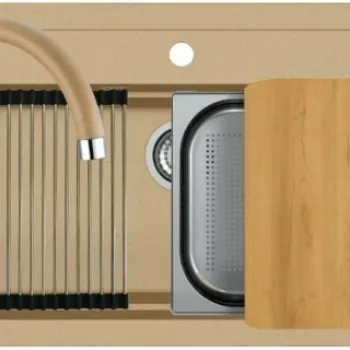 Set chiuveta bucatarie compozit Atrox 40 bej, baterie bucatarie Kati bej si accesorii imagine