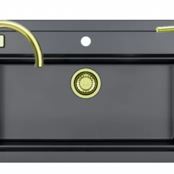 Set chiuveta bucatarie compozit Atrox 40 neagra, baterie auriu lucios, sifon si dozator Alveus imagine