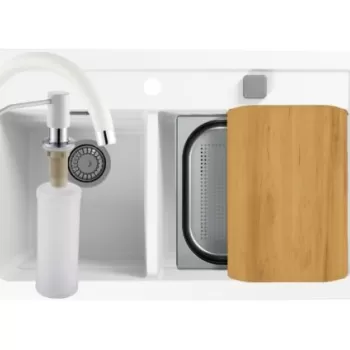 Set chiuveta bucatarie compozit Atrox 50 alba, baterie bucatarie Kati alba si accesorii imagine