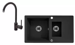 Set chiuveta bucatarie compozit doua cuve cu picurator si baterie graphite Deante, Zorba imagine