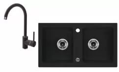 Set chiuveta bucatarie compozit doua cuve si baterie graphite Deante, Zorba imagine