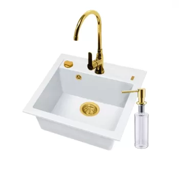 Set chiuveta bucatarie compozit Formic 20 alba, baterie auriu lucios, sifon si dozator Alveus imagine