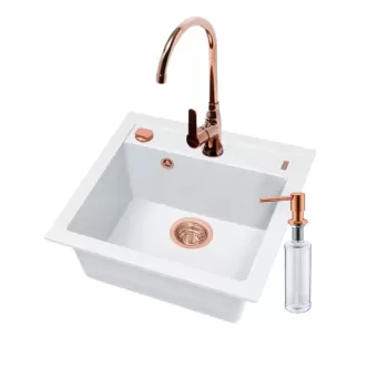 Set chiuveta bucatarie compozit Formic 20 alba, baterie cupru lucios, sifon si dozator Alveus imagine