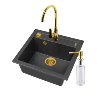 Set chiuveta bucatarie compozit Formic 20 neagra, baterie auriu lucios, sifon si dozator Alveus imagine