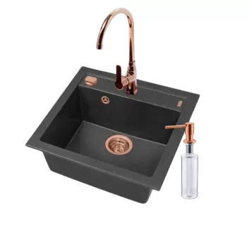 Set chiuveta bucatarie compozit Formic 20 neagra, baterie cupru lucios, sifon si dozator Alveus imagine