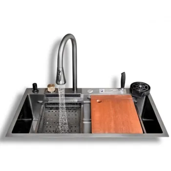 Set chiuveta bucatarie multifunctionala, baterie cu dus extractibil si accesorii, 750x460, gri antracit, Top Ceramic imagine