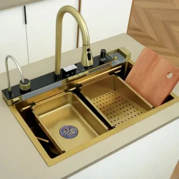 Set chiuveta bucatarie multifunctionala cu accesorii din inox 750x460, auriu periat, Top Ceramic imagine