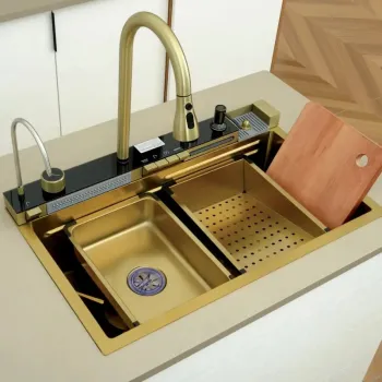 Set chiuveta bucatarie multifunctionala cu accesorii din inox 750x460, auriu periat, Top Ceramic imagine