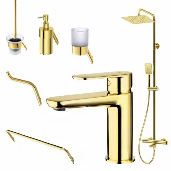 Set coloana de dus si baterie lavoar Deante Alpinia cu accesorii Deante Silia, auriu lucios imagine