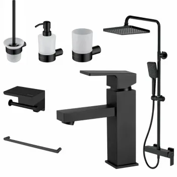 Set coloana de dus si baterie lavoar Deante Anemon cu accesorii Deante Round, negru mat imagine