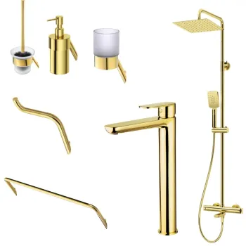 Set coloana de dus si baterie lavoar inalta Deante Alpinia cu accesorii Deante Silia, auriu lucios imagine