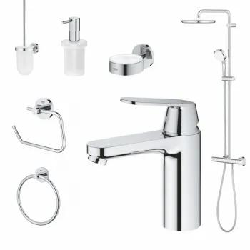 Set coloana dus si baterie lavoar Grohe Cosmopolitan cu accesorii baie Grohe Essentials, crom imagine