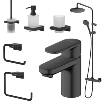 Set coloana dus si baterie lavoar Hansgrohe Vernis Blend si accesorii baie Hansgrohe AddStoris, negru mat imagine