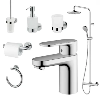 Set coloana dus si baterie lavoar Hansgrohe Vernis Blend si accesorii baie Hansgrohe Logis, crom imagine