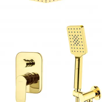 Set de dus incastrat, cu palarie, para de dus si baterie, auriu, Deante Arnika imagine