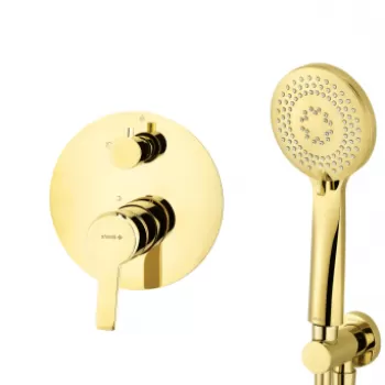 Set de dus incastrat cu palarie, para de dus si baterie culoare auriu lucios Deante, Arnika imagine