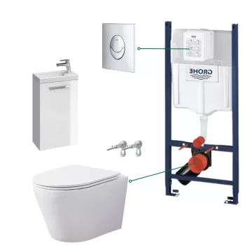 Set dulap baie cu lavoar si baterie Cersanit, vas wc rimless cu capac soft close Oslo, rezervor incastrat si clapeta crom imagine