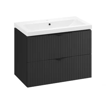 Set dulap baie negru mat, suspendat 2 sertare lavoar inclus, 80 cm, riflaje 3D, Cersanit Tirsonegru imagine
