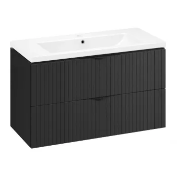 Set dulap baie suspendat 2 sertare lavoar inclus, 100 cm, riflaje 3D negru mat, Cersanit Tirso imagine