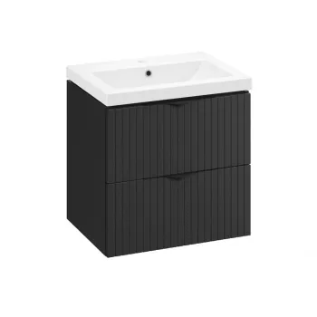 Set dulap baie suspendat 2 sertare lavoar inclus, 60 cm, riflaje 3D negru mat, Cersanit Tirso imagine