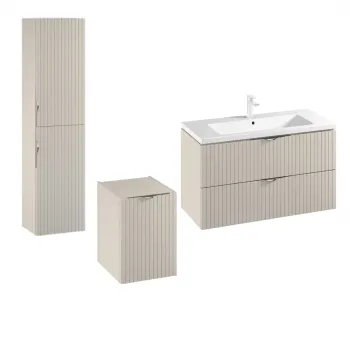 Set dulap baie suspendat 2 sertare si lavoar inclus 100 cm, dulap baie suspendat si dulap baie tip coloana, culoare casmir mat, Cersanit Tirso imagine