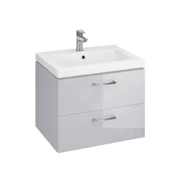 Set dulap baie suspendat gri lucios cu doua sertare si lavoar, 60 cm, Cersanit Lara imagine